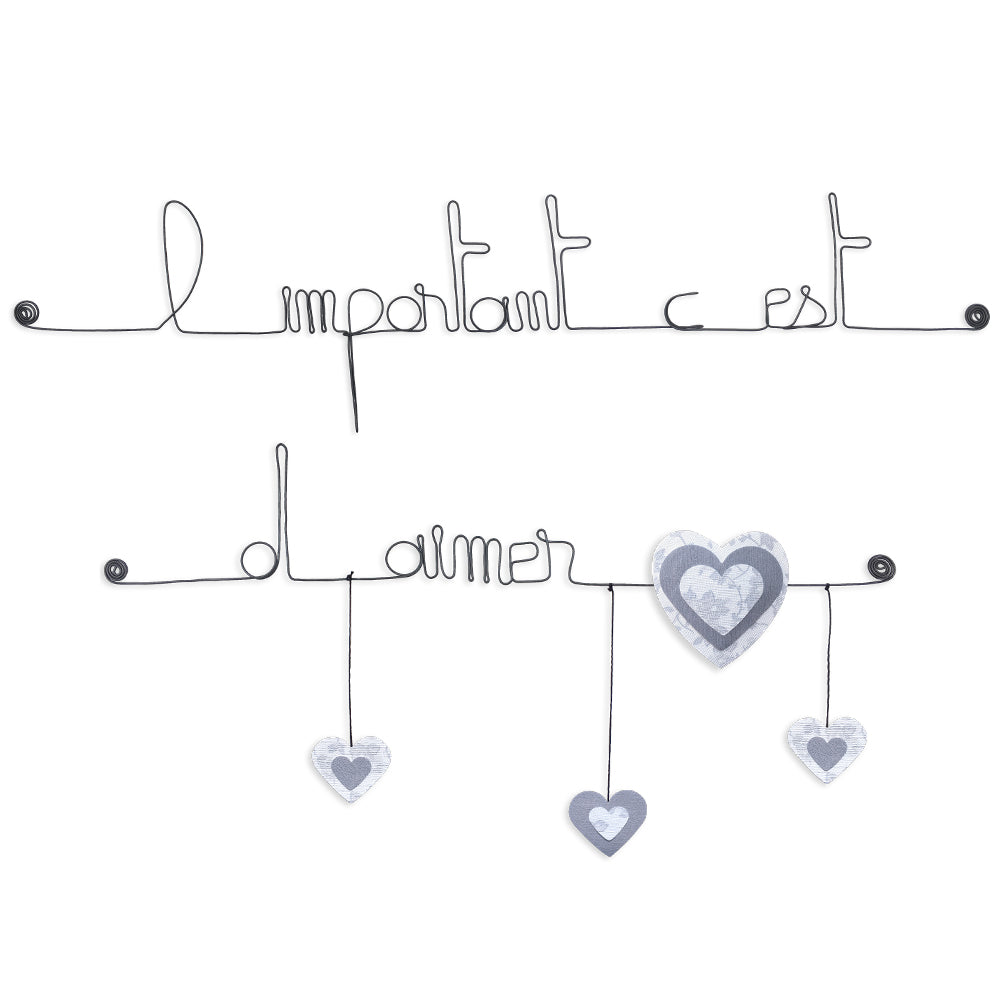 Citation colorée en fil de fer - Coeur - Blanc : L'important c'est d'aimer - Bijoux de mur