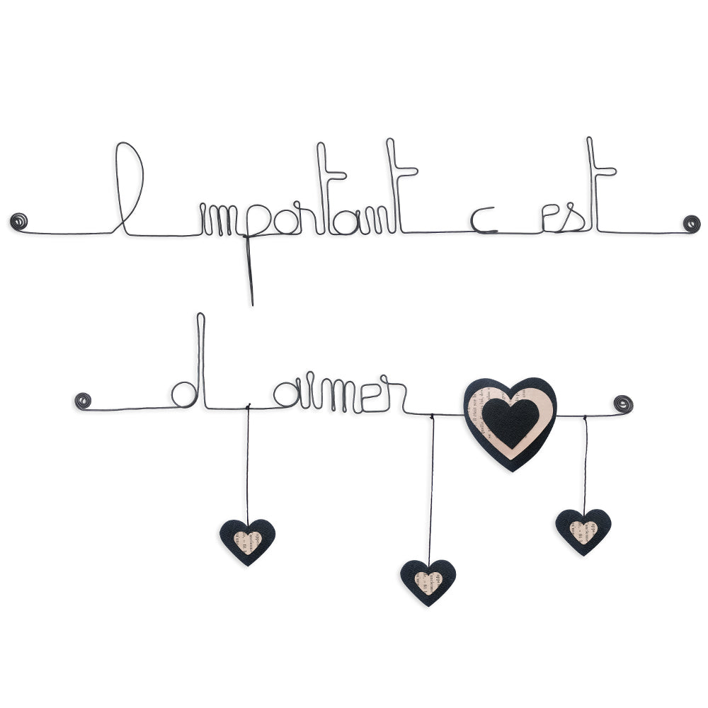 Citation colorée en fil de fer - Coeur - Noir : L'important c'est d'aimer - Bijoux de mur