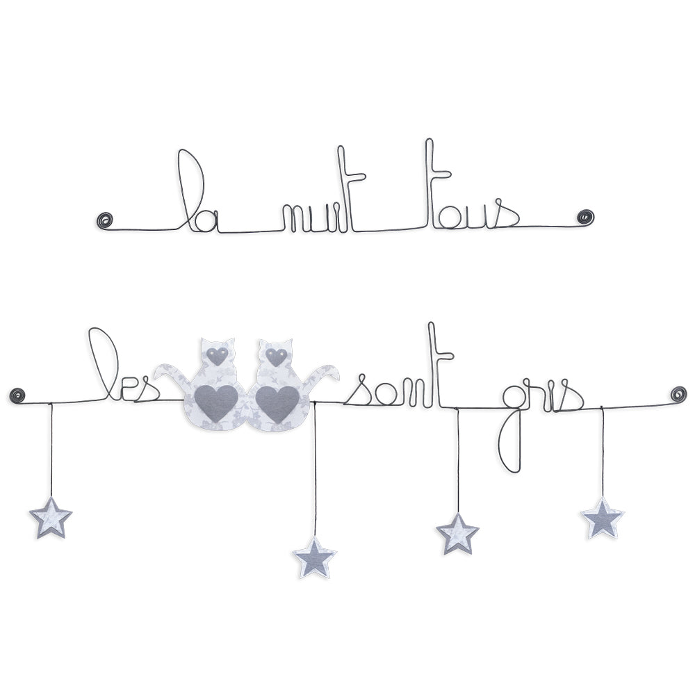 Citation colorée en fil de fer - Chat - Blanc : La nuit tous les chats sont gris - Bijoux de mur