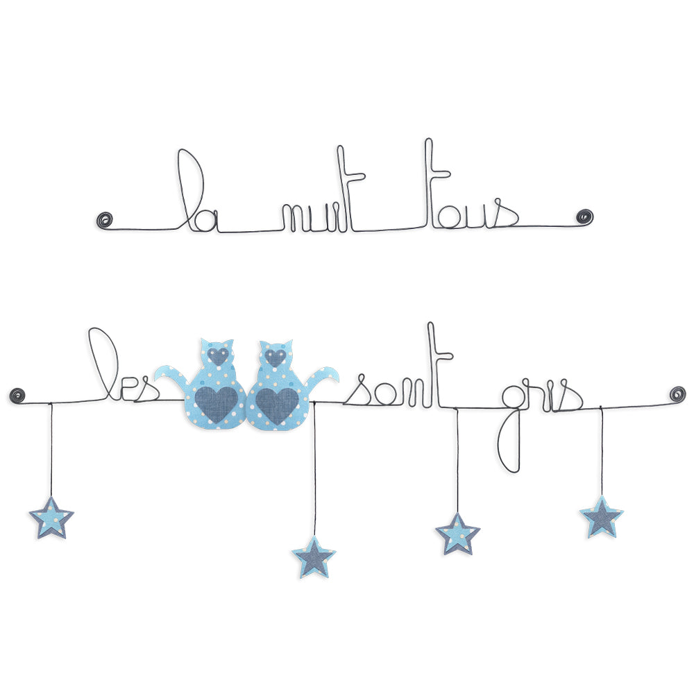 Citation colorée en fil de fer - Chat - Bleu : La nuit tous les chats sont gris - Bijoux de mur