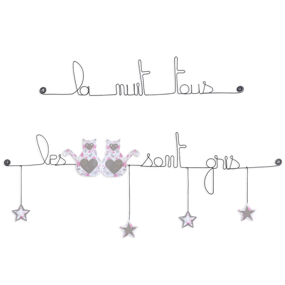 Citation colorée en fil de fer - Chat - Rose : La nuit tous les chats sont gris - Bijoux de mur