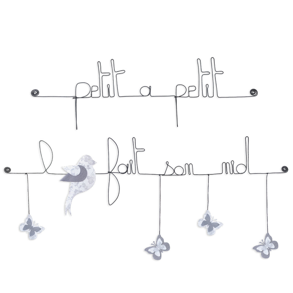 Citation colorée en fil de fer - Oiseau - Blanc : Petit à petit l'oiseau fait son nid - Bijoux de mur