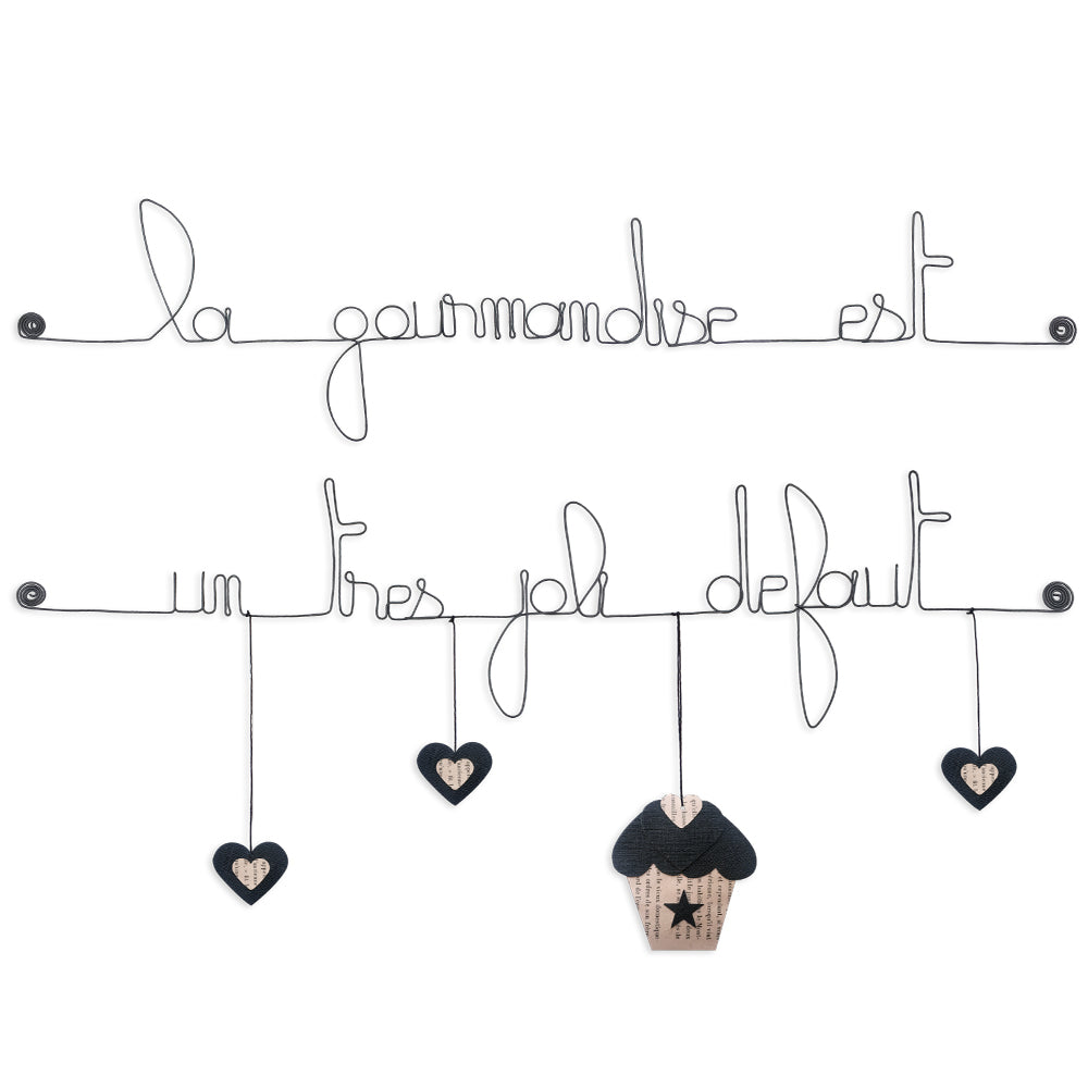 Citation colorée en fil de fer - Cupcake - Noir : La gourmandise est un très joli défaut - Bijoux de mur