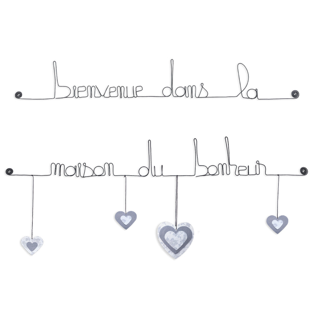 Citation colorée en fil de fer - Coeur - Blanc : Bienvenue dans la maison du bonheur - Bijoux de mur