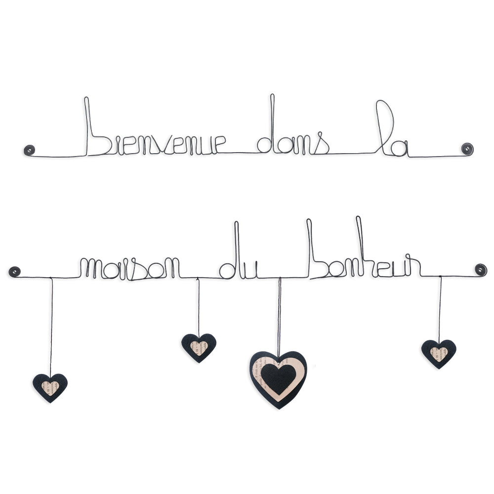 Citation colorée en fil de fer - Coeur - Noir : Bienvenue dans la maison du bonheur - Bijoux de mur