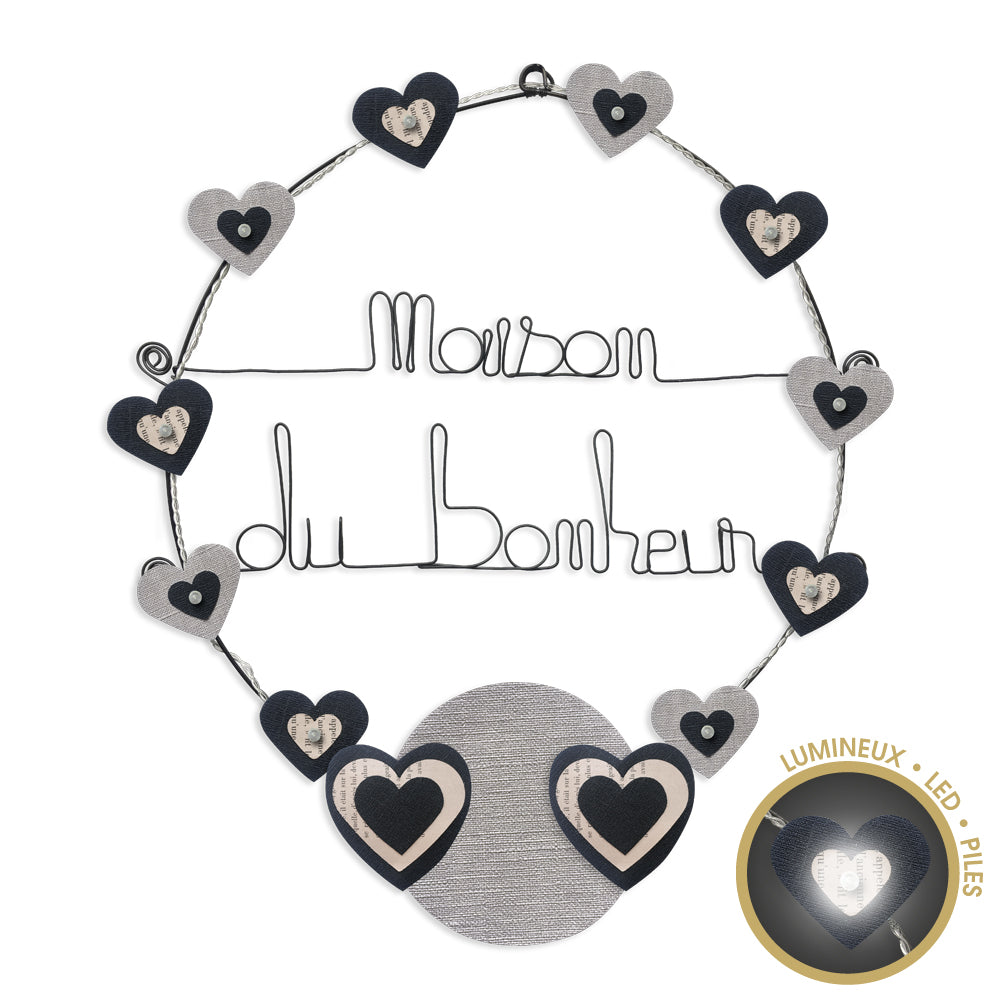 Message lumineux en fil de fer - Coeur - Noir : Maison du bonheur - environ 40 x 45 cm - Bijoux de mur