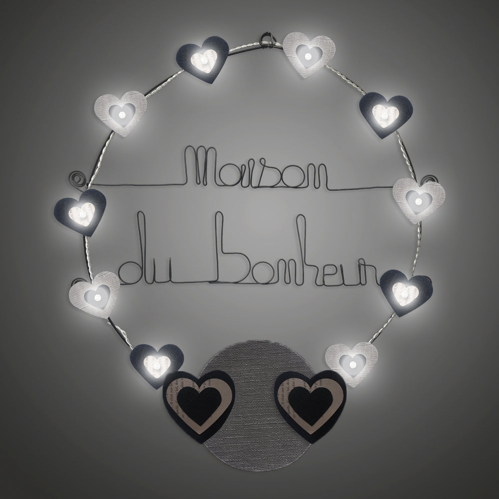 Message lumineux en fil de fer - Coeur - Noir : Maison du bonheur - environ 40 x 45 cm - Bijoux de mur