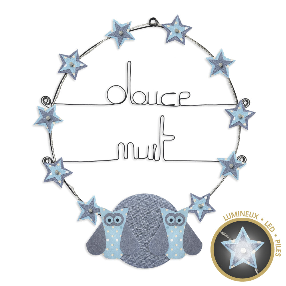 Message lumineux en fil de fer - Chouette - Bleu : Douce nuit - environ 40 x 45 cm - Bijoux de mur
