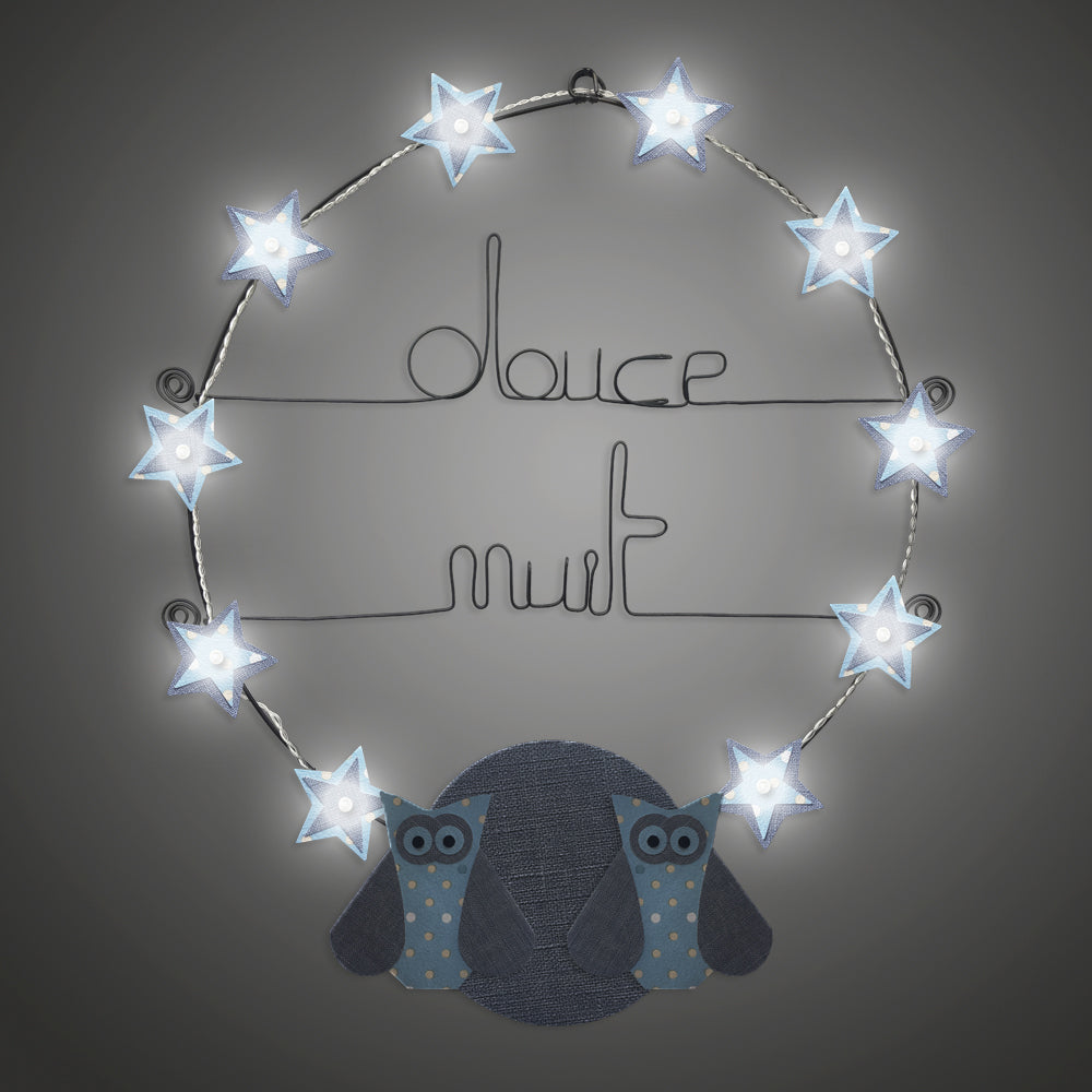 Message lumineux en fil de fer - Chouette - Bleu : Douce nuit - environ 40 x 45 cm - Bijoux de mur