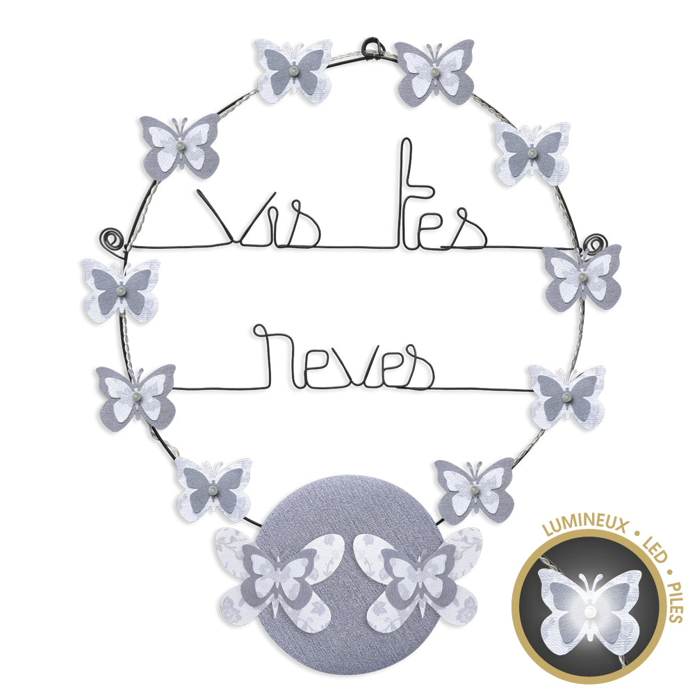 Message lumineux en fil de fer - Papillon - Blanc : Vis tes rêves - environ 40 x 45 cm - Bijoux de mur