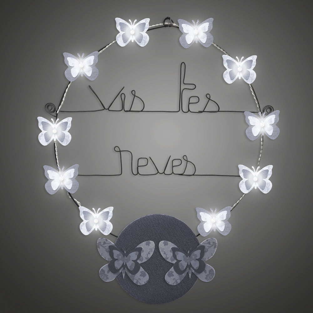 Message lumineux en fil de fer - Papillon - Blanc : Vis tes rêves - environ 40 x 45 cm - Bijoux de mur