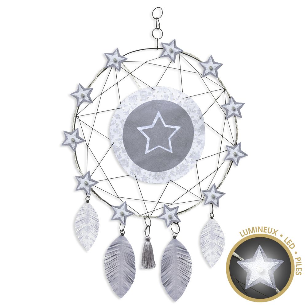 Attrape-rêves lumineux en fil de fer - Étoile - Blanc - à suspendre - environ 38 x 64 cm - Bijoux de mur