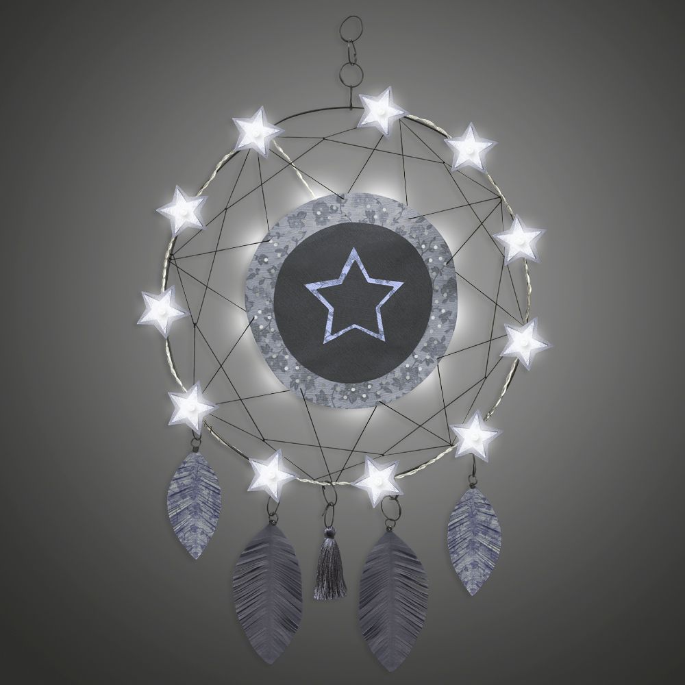 Attrape-rêves lumineux en fil de fer - Étoile - Blanc - à suspendre - environ 38 x 64 cm - Bijoux de mur