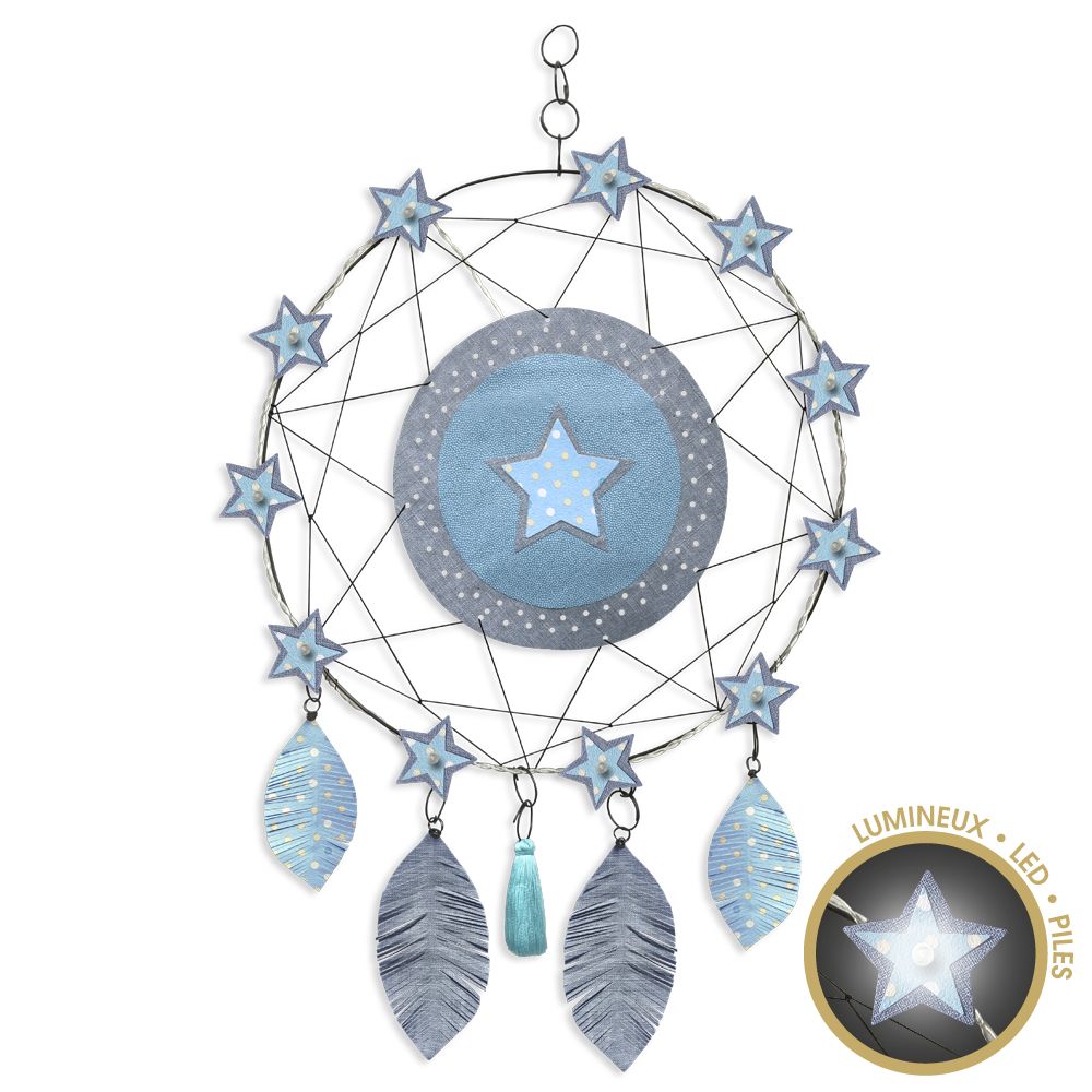 Attrape-rêves lumineux en fil de fer - Étoile - Bleu - à suspendre - environ 38 x 64 cm - Bijoux de mur