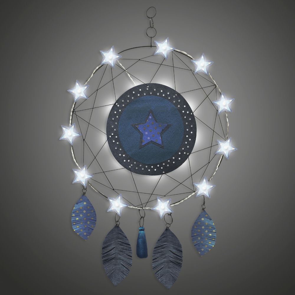Attrape-rêves lumineux en fil de fer - Étoile - Bleu - à suspendre - environ 38 x 64 cm - Bijoux de mur