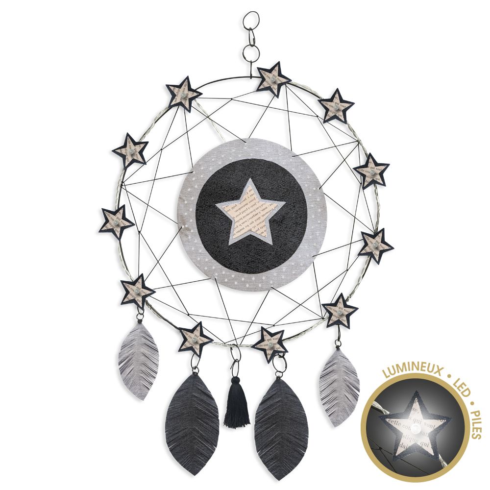 Attrape-rêves lumineux en fil de fer - Étoile - Noir -à suspendre - environ 38 x 64 cm - Bijoux de mur