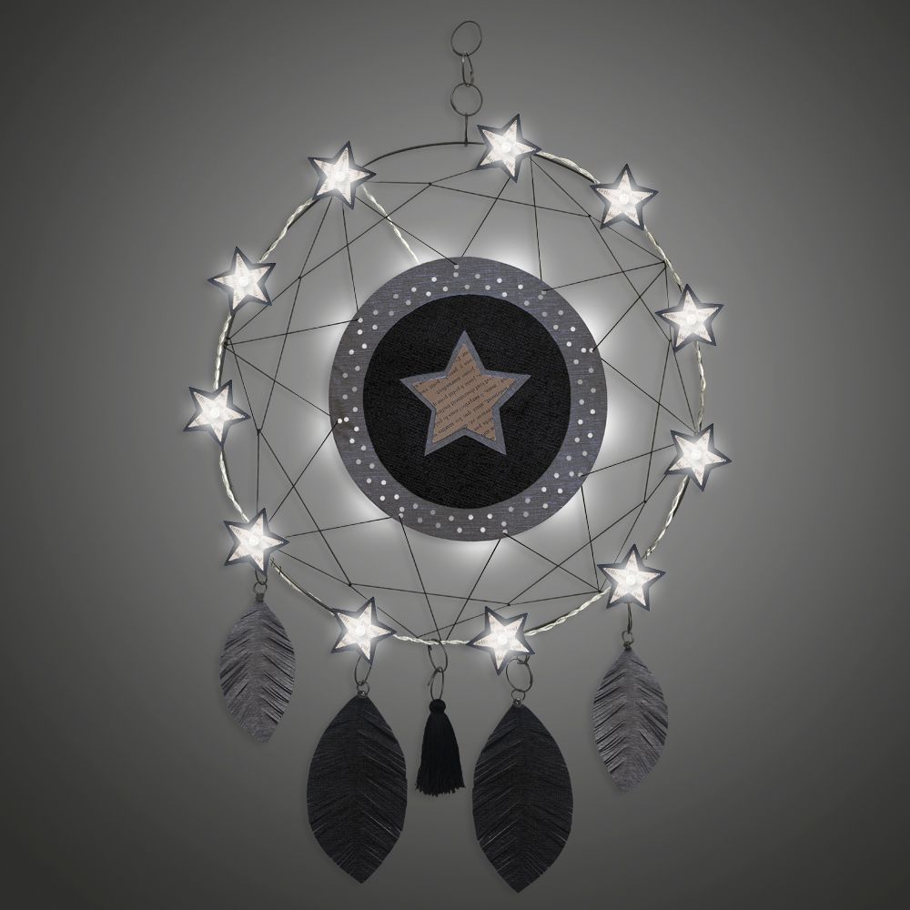 Attrape-rêves lumineux en fil de fer - Étoile - Noir -à suspendre - environ 38 x 64 cm - Bijoux de mur