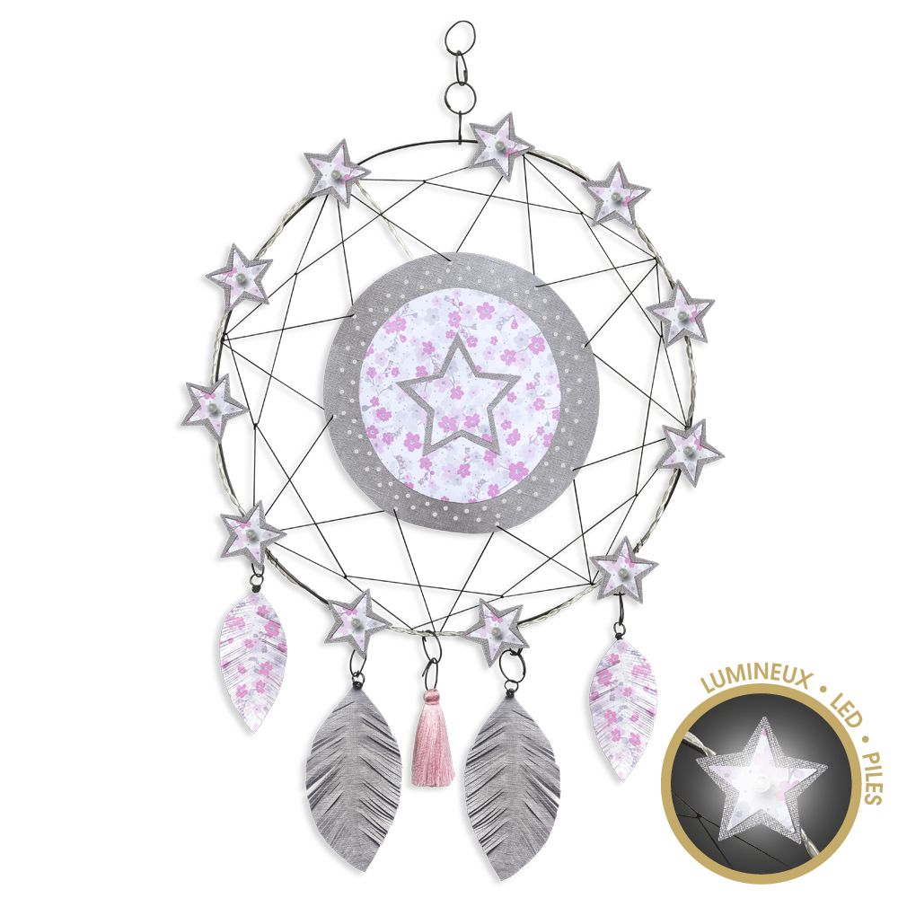 Attrape-rêves lumineux en fil de fer - Étoile - Rose - à suspendre - environ 38 x 64 cm - Bijoux de mur