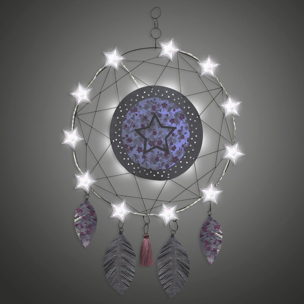 Attrape-rêves lumineux en fil de fer - Étoile - Rose - à suspendre - environ 38 x 64 cm - Bijoux de mur
