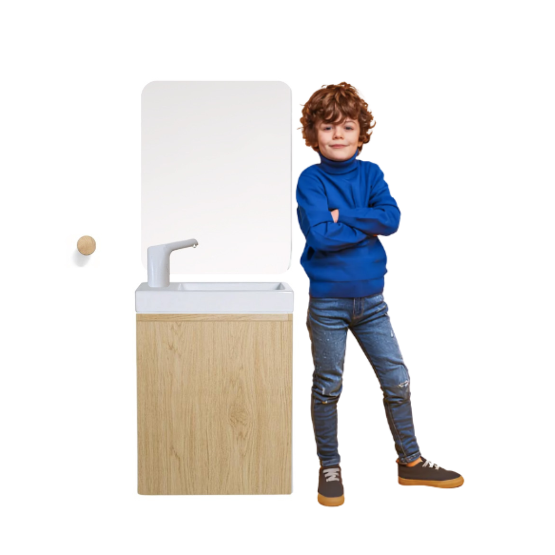 Ensemble lavabo Montessori avec son miroir et porte serviette - pour enfants de 18 mois à 8 ans - effet BOIS