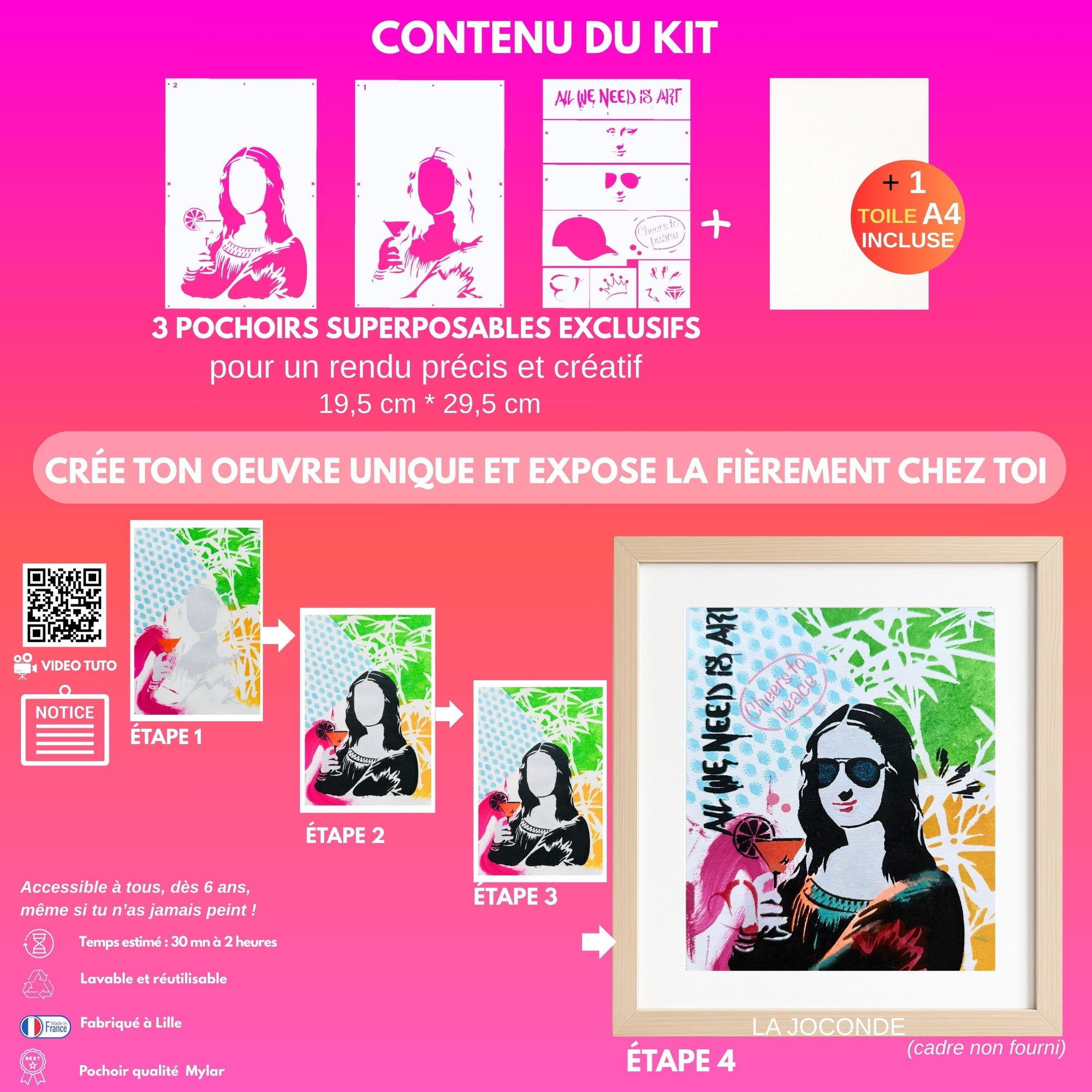Kit Pochoirs Joconde Pop – 3 pochoirs A4 + accessoires pour pimper la Mona Lisa