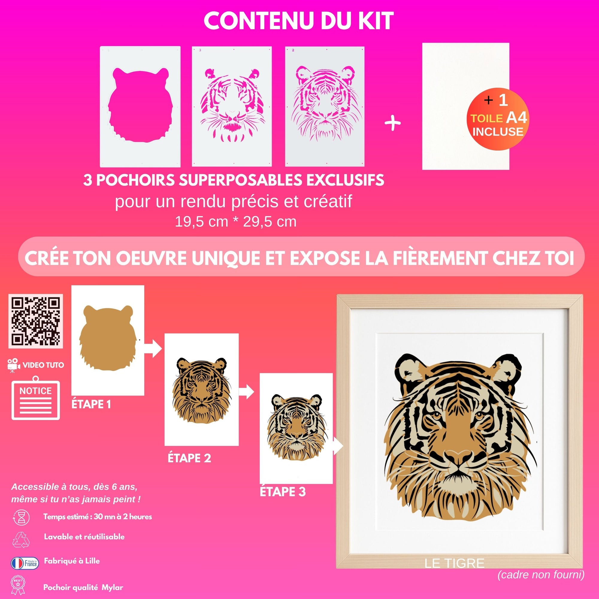 Kit Pochoirs Tigre – 3 pochoirs superposables + toile A4 incluse