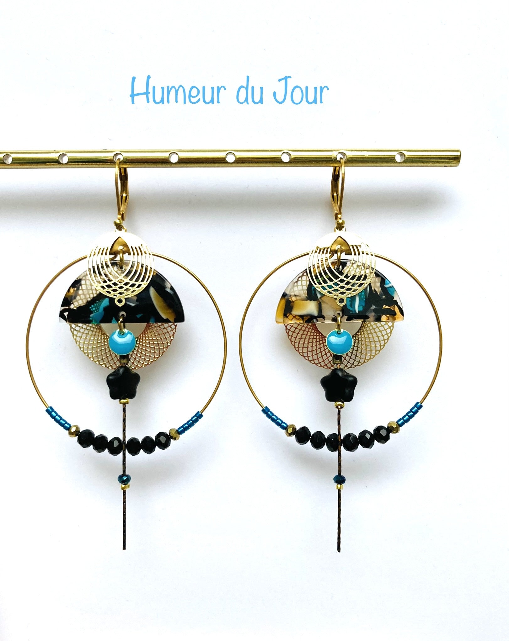 Dormeuses Créoles "Bonne Humeur"Josephine noires et bleues