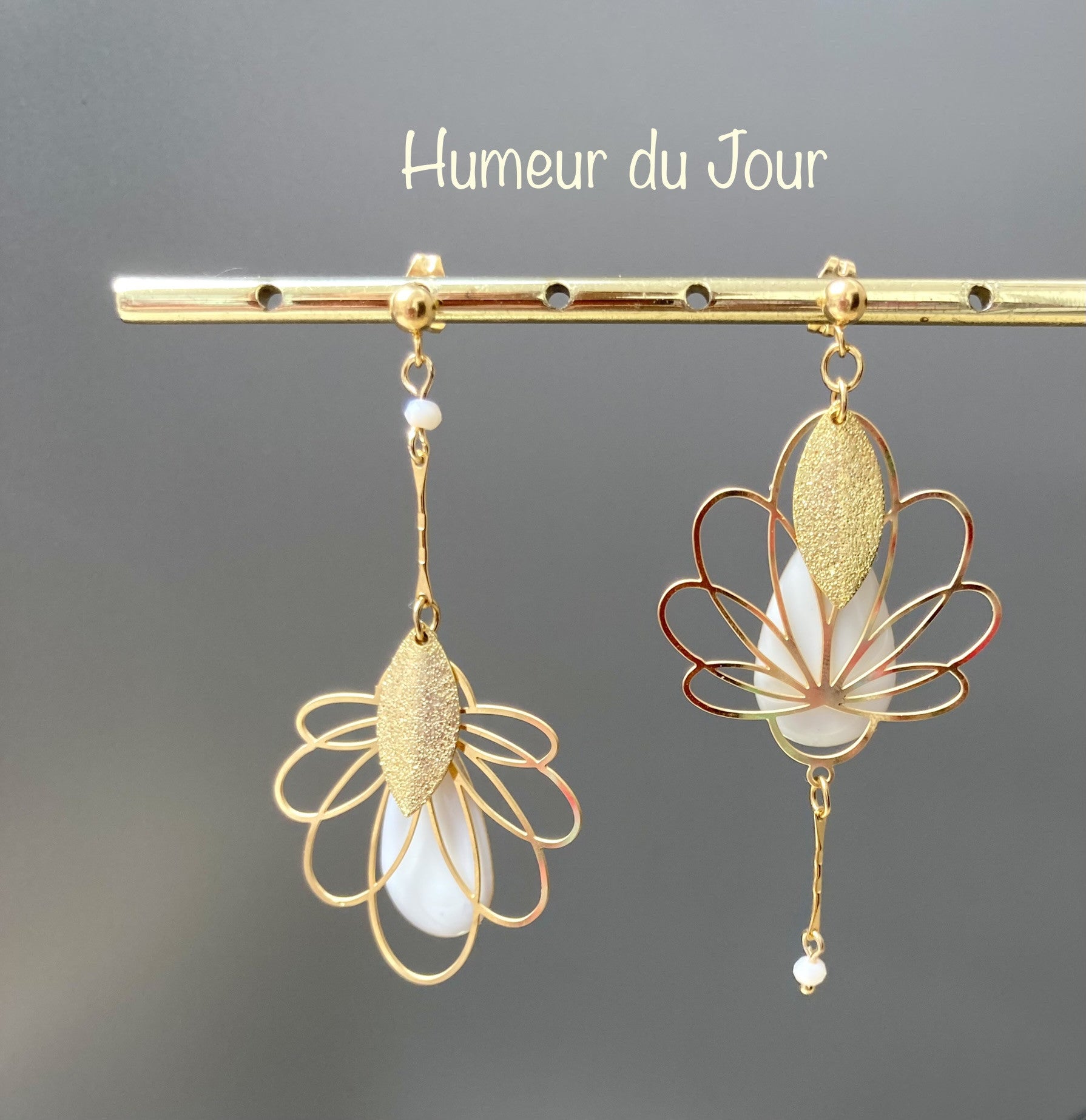 "Lotus" asymmetrical white earrings