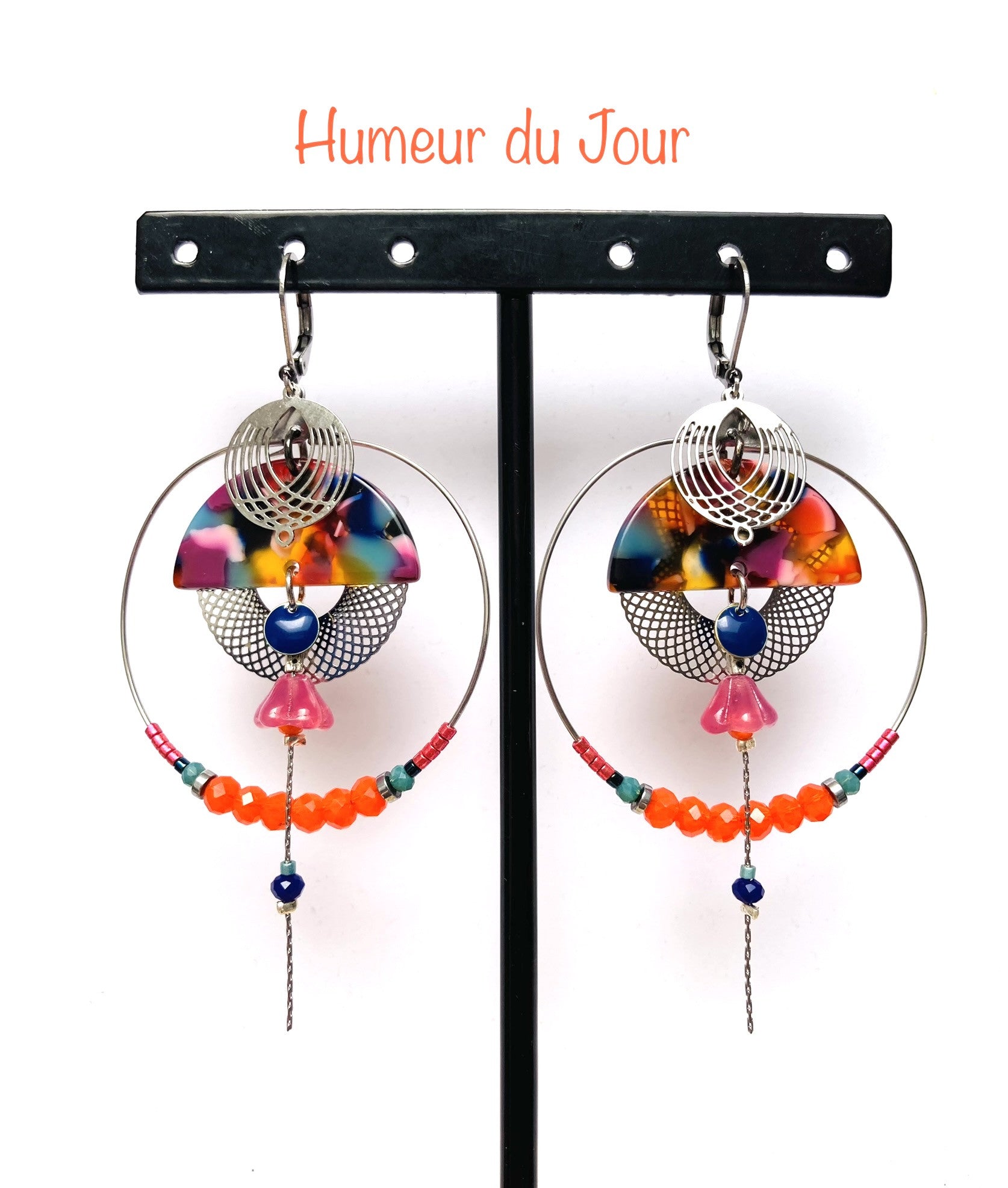 Dormeuses Créoles "Bonne Humeur" Josephine argentée orange et bleu