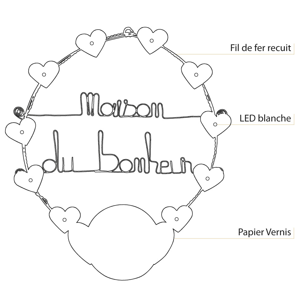 Message lumineux en fil de fer - Coeur - Noir : Maison du bonheur - environ 40 x 45 cm - Bijoux de mur