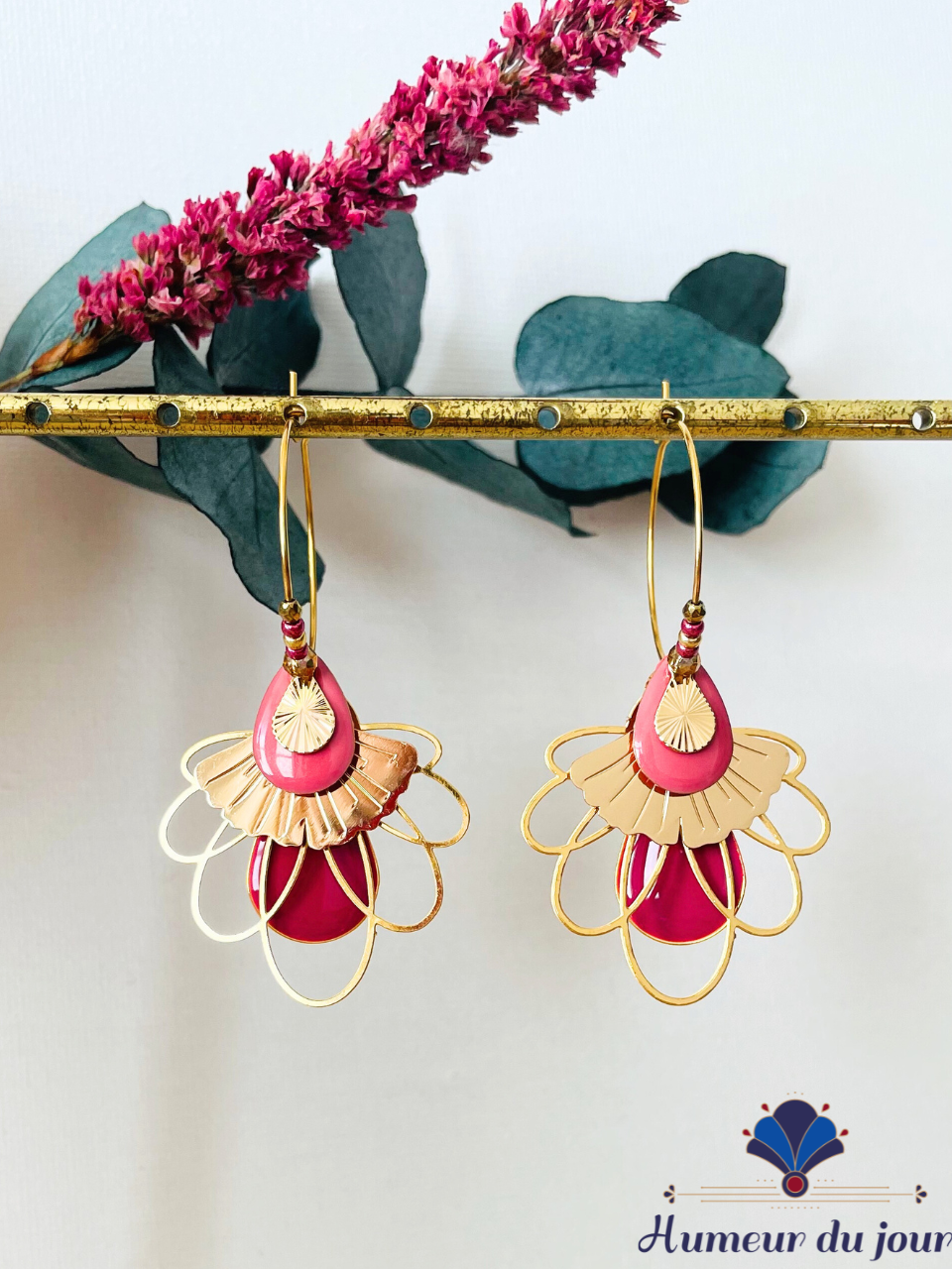 Fuchsia and pink "Egyptian Lotus" Creole hoop earrings