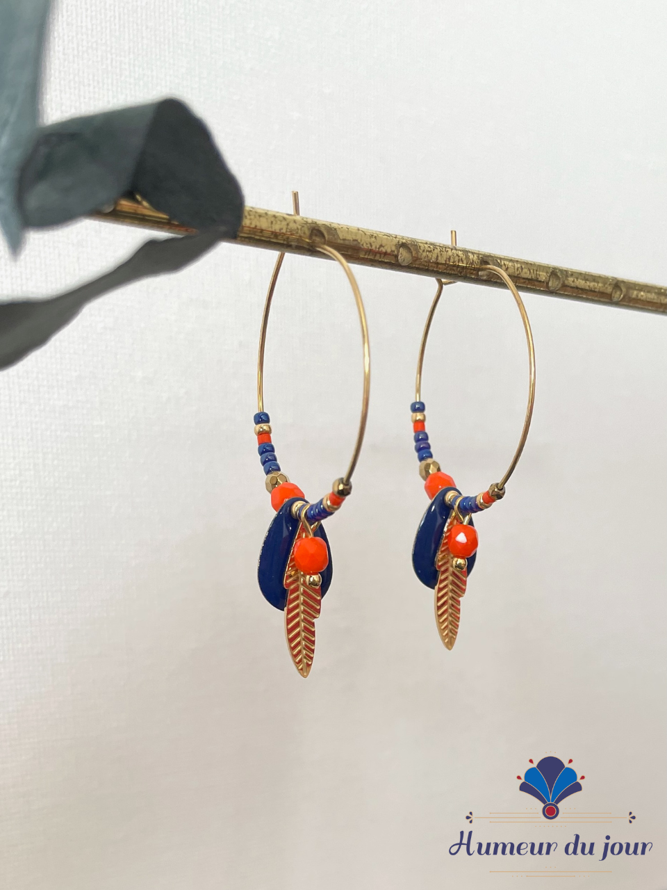 Créoles "Plumes" bleu et orange
