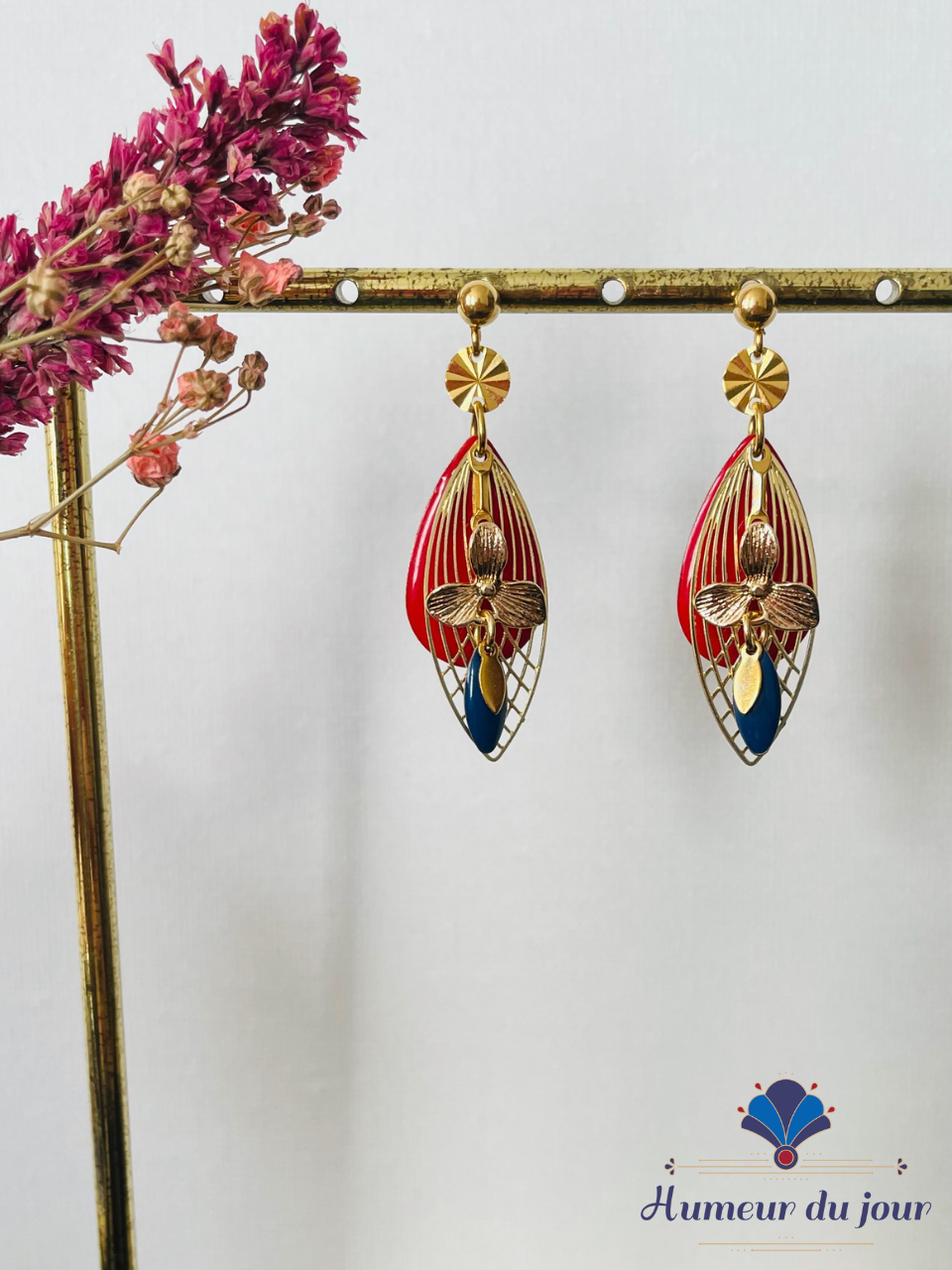 Clous "Ogive Art déco fleurs" rouges et bleues