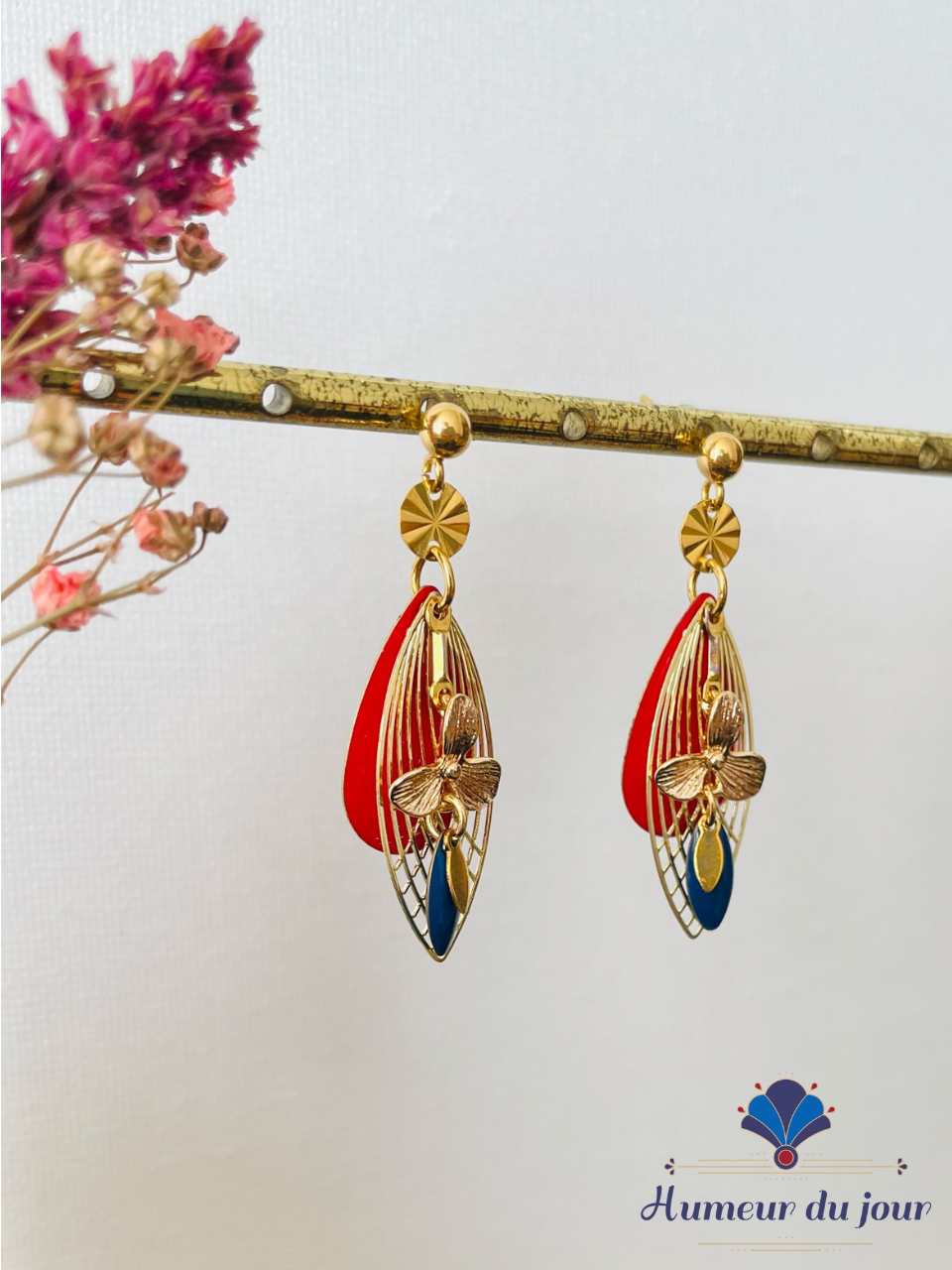Clous "Ogive Art déco fleurs" rouges et bleues