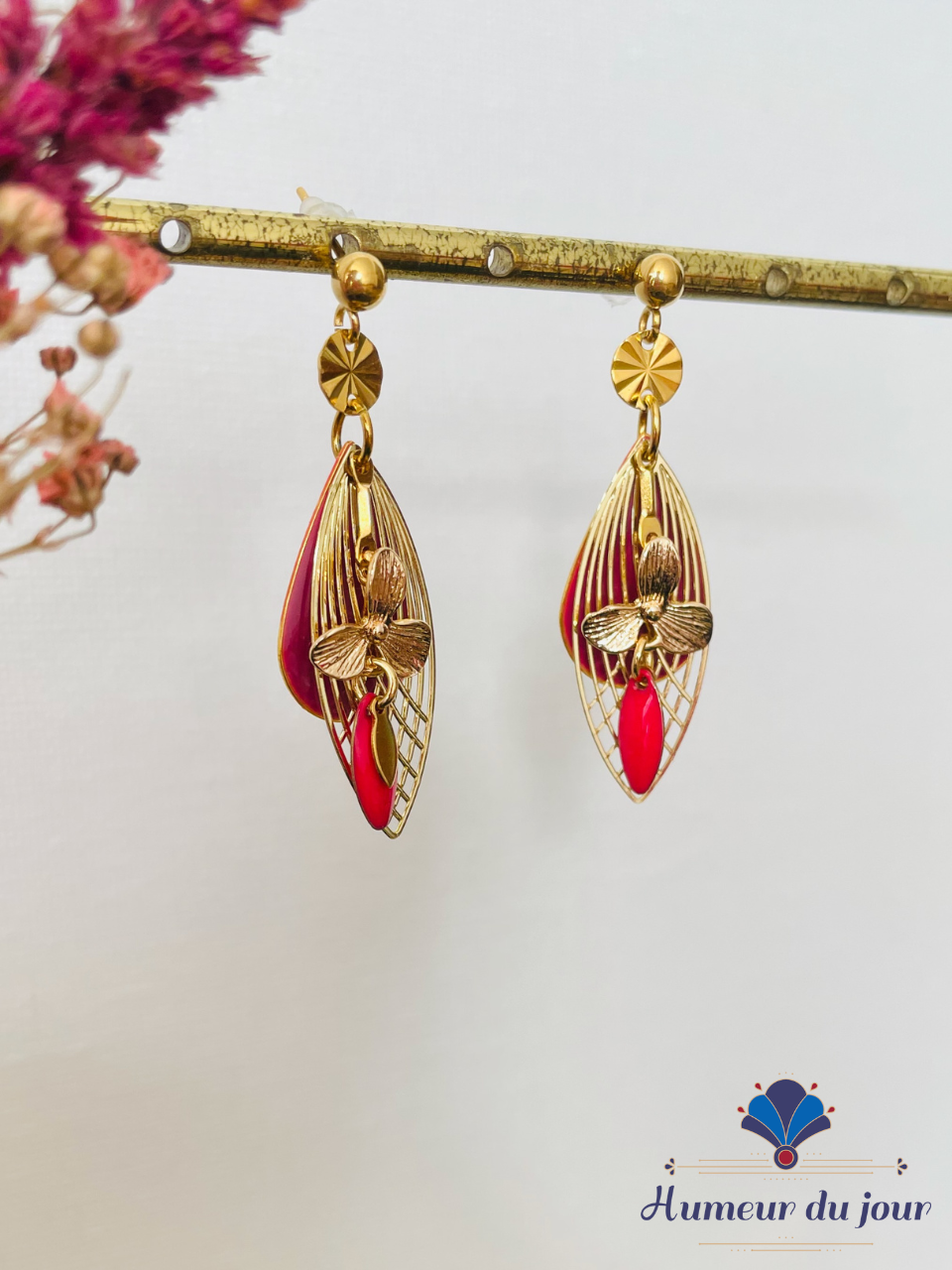 Clous "Ogive Art déco fleurs" rouges et roses