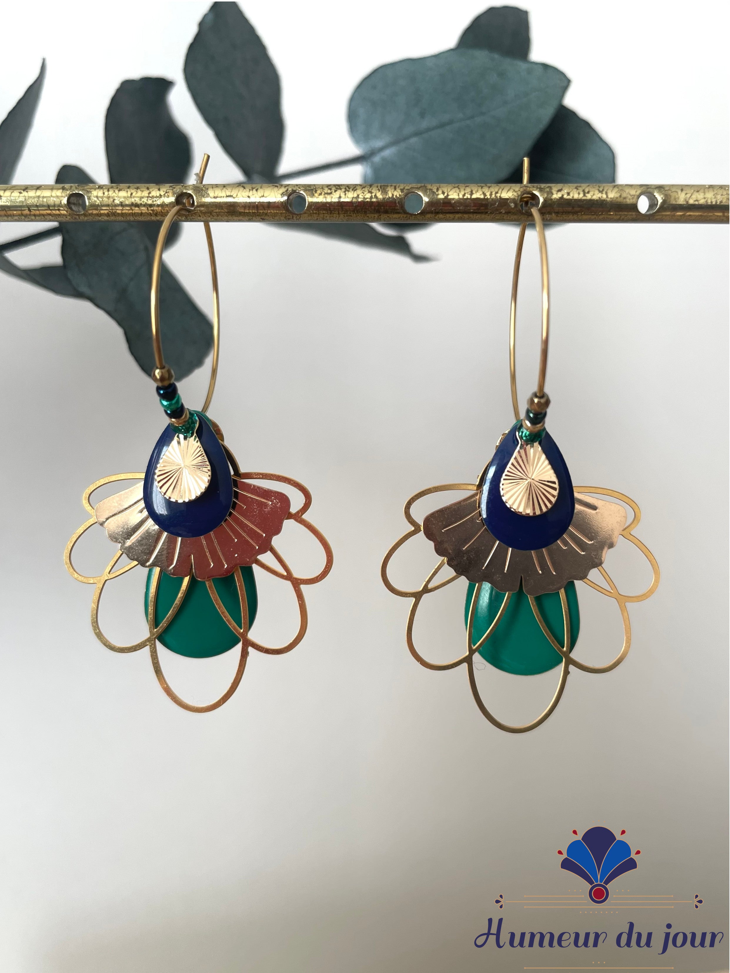 Green and blue "Egyptian Lotus" Creole earrings