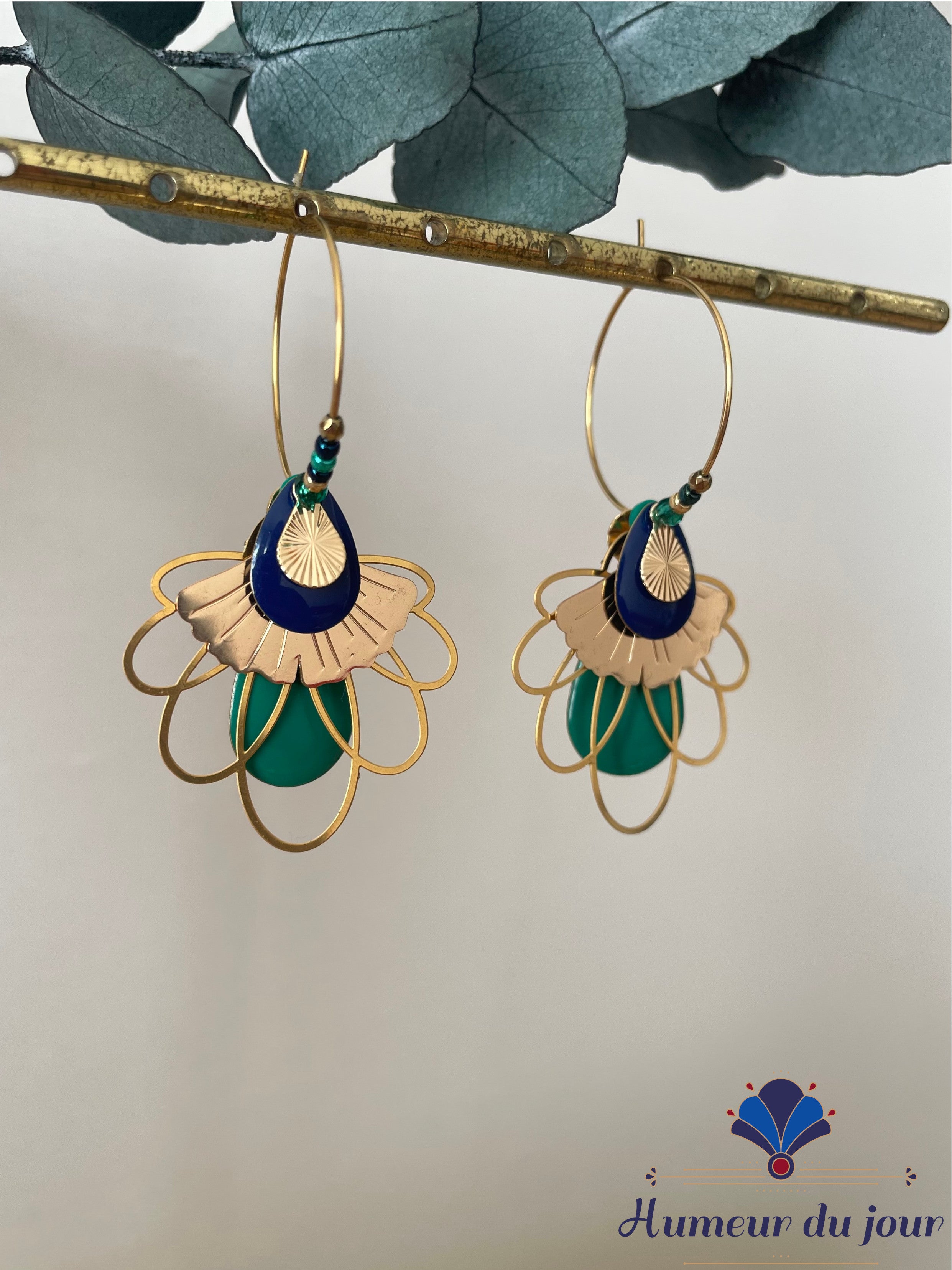 Green and blue "Egyptian Lotus" Creole earrings