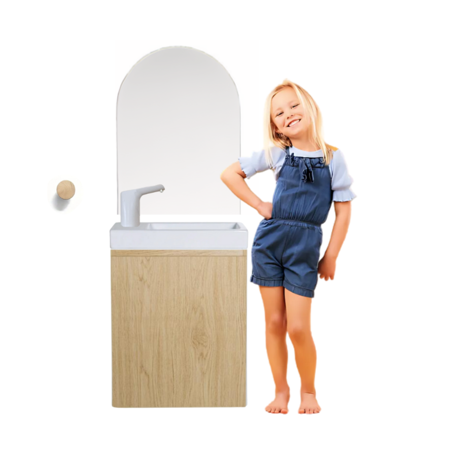 Ensemble lavabo Montessori avec son miroir et porte serviette - pour enfants de 18 mois à 8 ans - effet BOIS