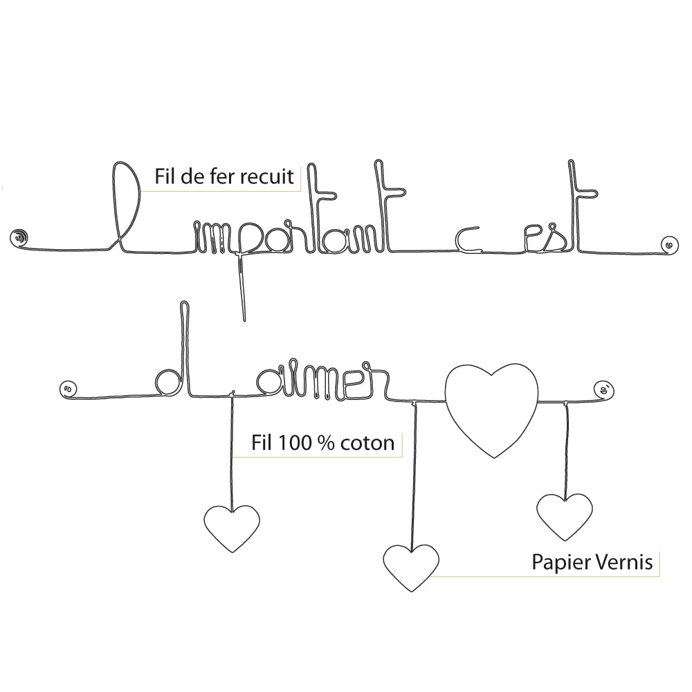 Citation colorée en fil de fer - Coeur - Noir : L'important c'est d'aimer - Bijoux de mur