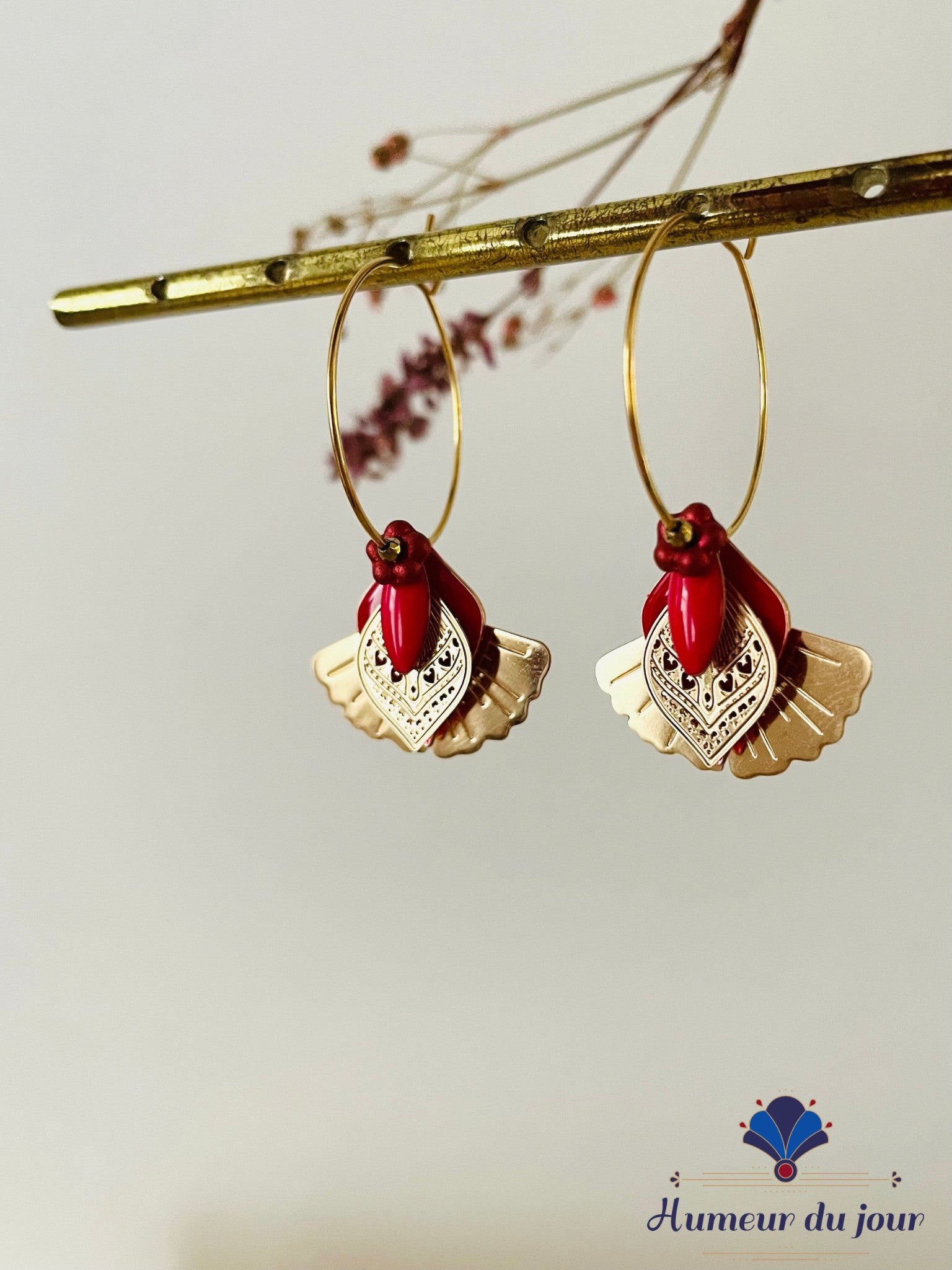 Créoles "Gingko bird" rouges