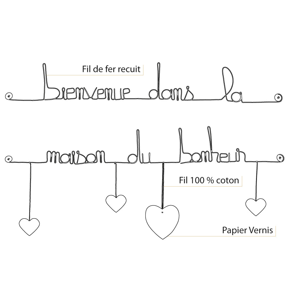 Citation colorée en fil de fer - Coeur - Noir : Bienvenue dans la maison du bonheur - Bijoux de mur