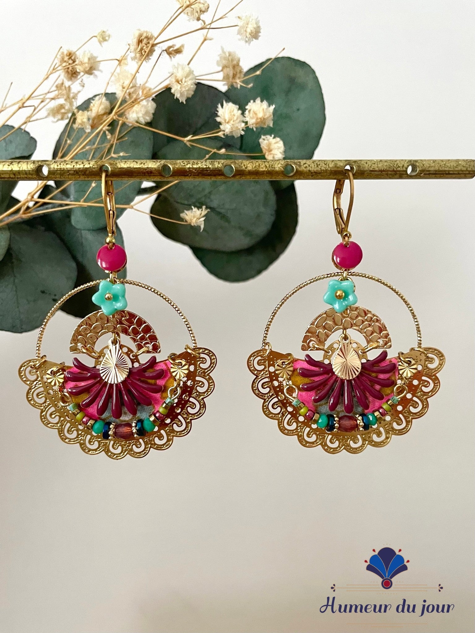 Dormeuses Créoles "Eventail baroque" prune et turquoise