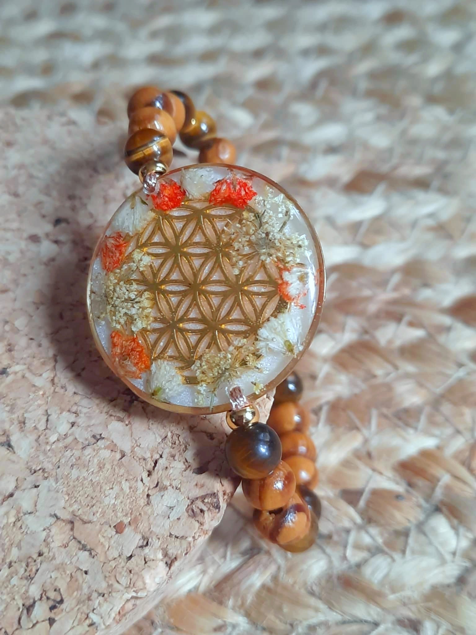 Bracelet, Fleur de vie, Fleur de carotte, Gypsophile, Œil de tigre