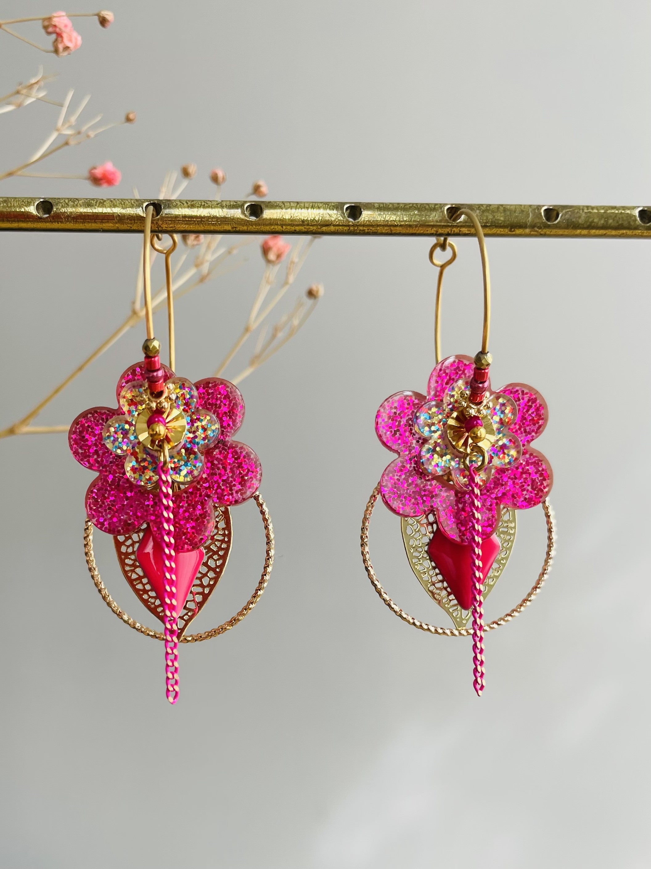 Sparkly Flower Creole Earrings