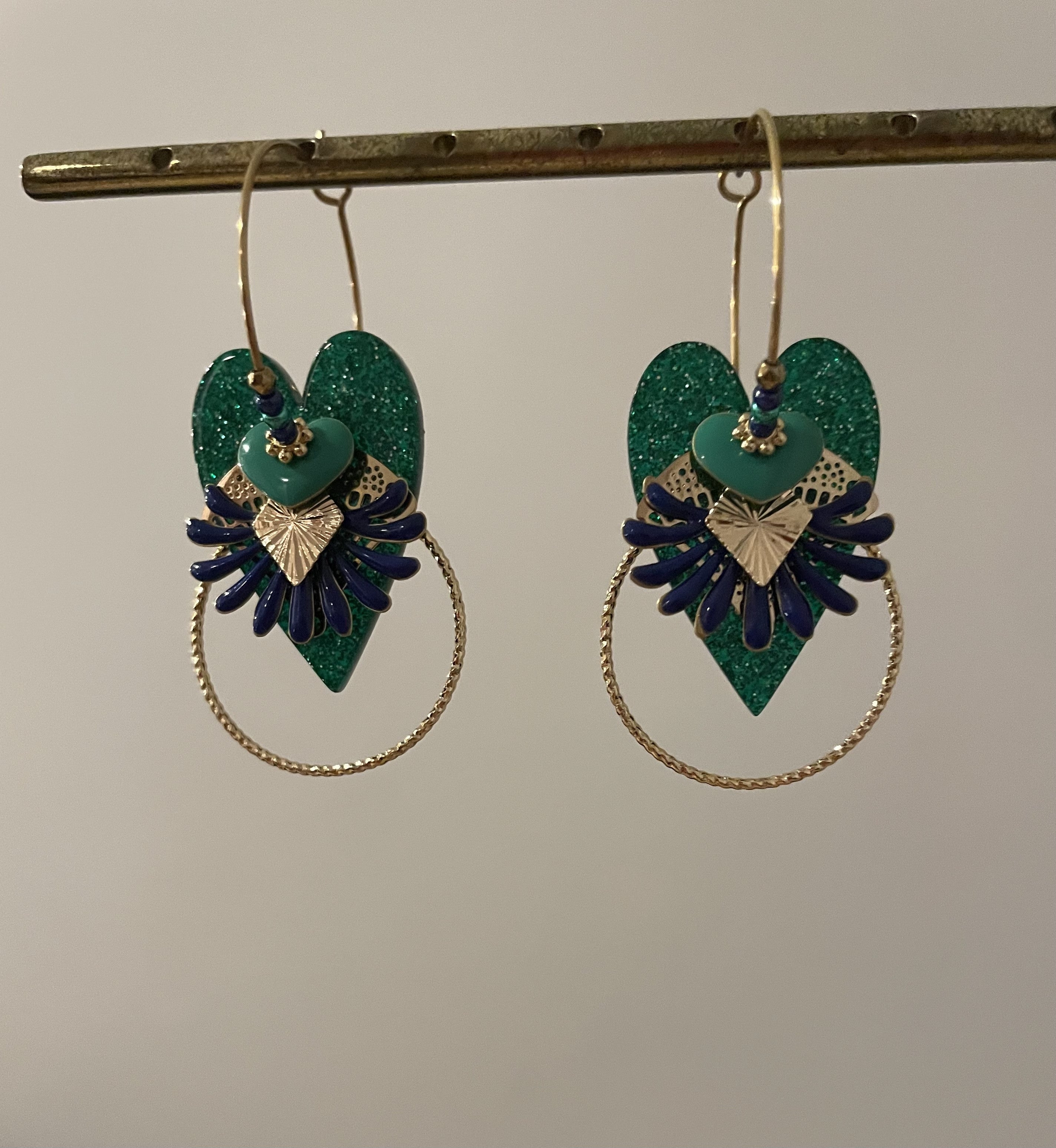 "Green and Blue Ginkgo Hearts" Creole Earrings