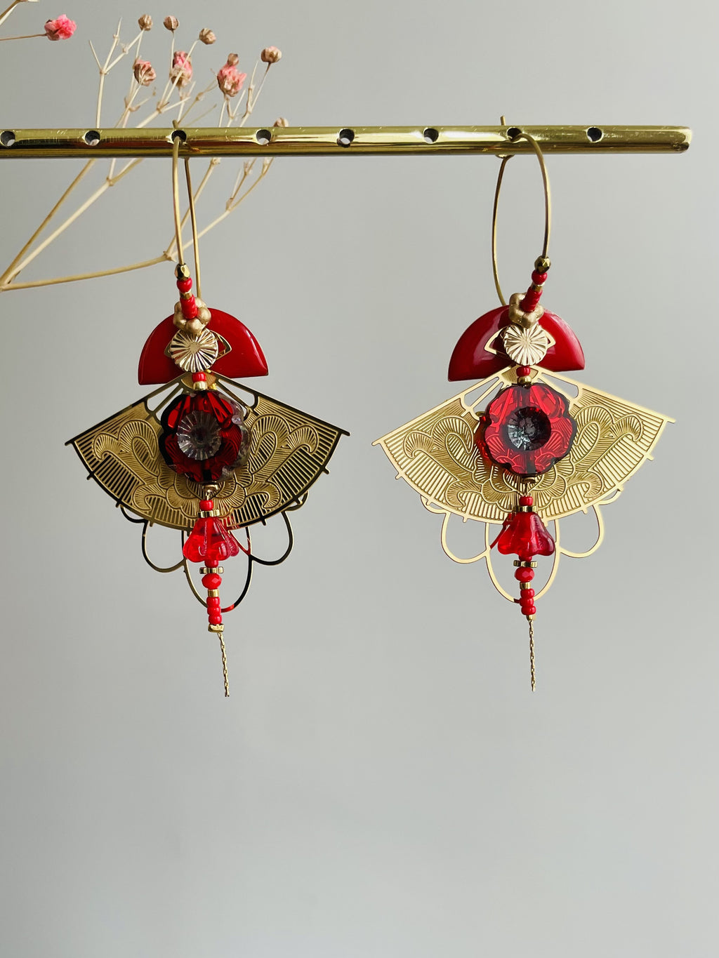 Créoles "Eventail japonais bohème " rouge