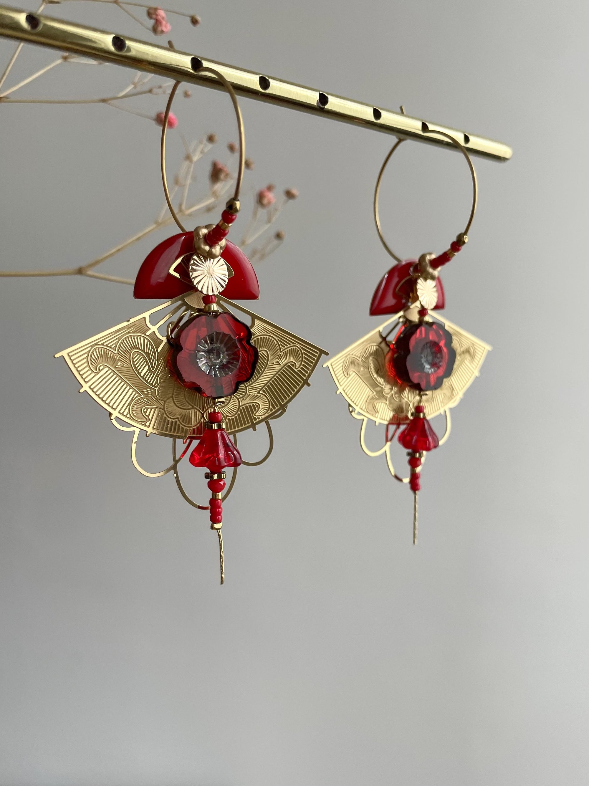 Créoles "Eventail japonais bohème " rouge