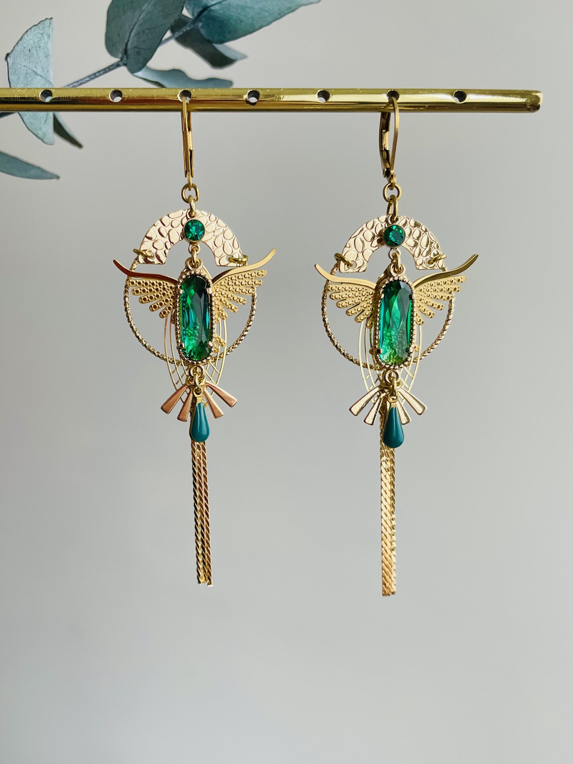 Dormeuses "Aigle art deco" vertes