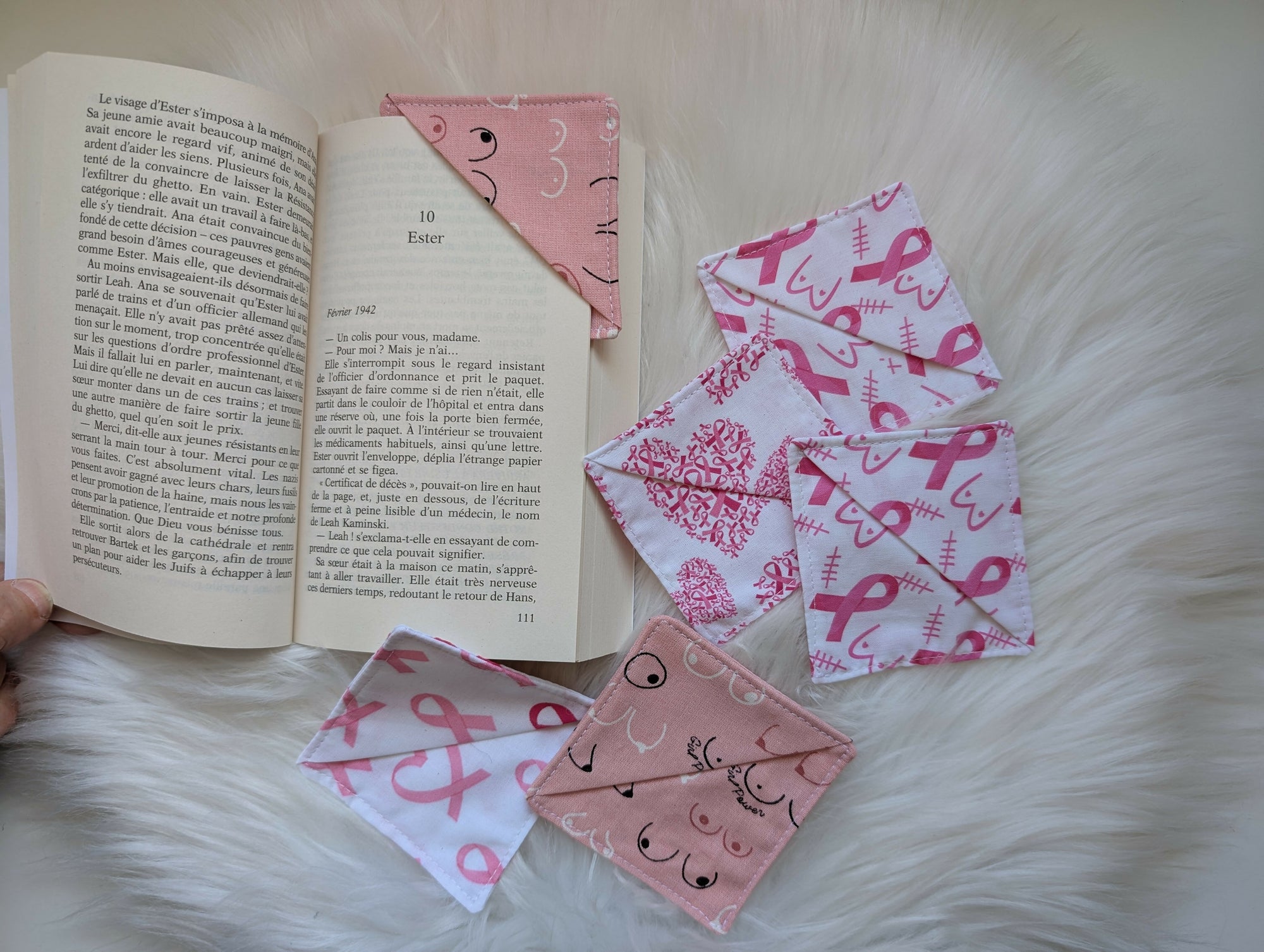 MARQUE PAGE TISSU Octobre Rose 1€ Réversé Mon Bonnet Rose