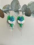 "Flowered Heart" silver hoop earrings, green and turquoise